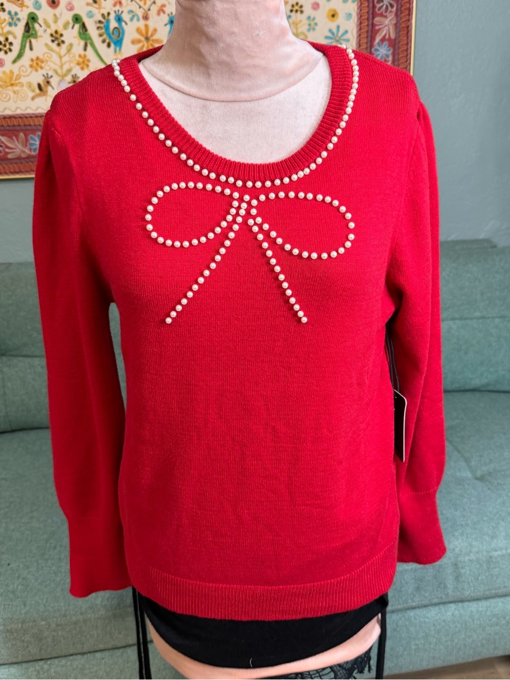 Red Pearl bead Embellished Bow Holiday Sweater Winter Christmas Large